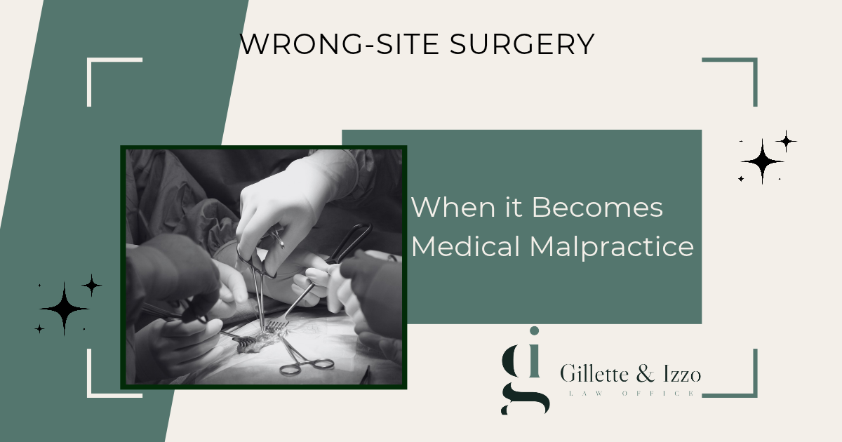 Featured graphic about wrong-site surgery and medical malpractice, showing a black-and-white photograph of a surgical team performing an operation.